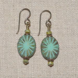 Hand Crafted Handmade Earrings Turquoise Oval Czech Glass Beaded Earrings